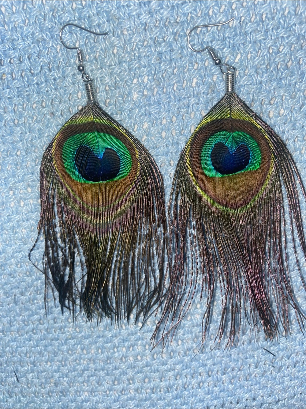 Artisan Peacock Feather Earrings in Green and Blue